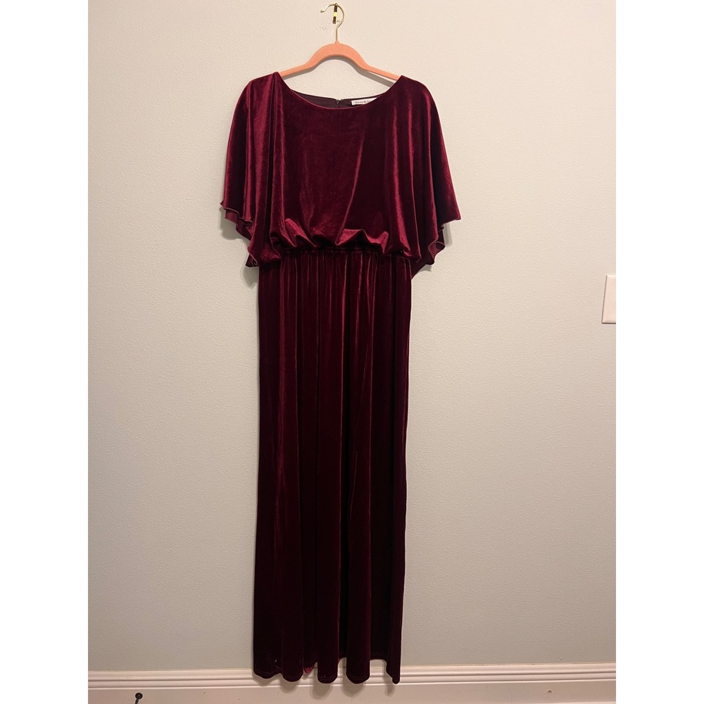 See And Be Seen Burgundy Velvet Flutter Sleeve Maxi Dress Slit D5340 Large